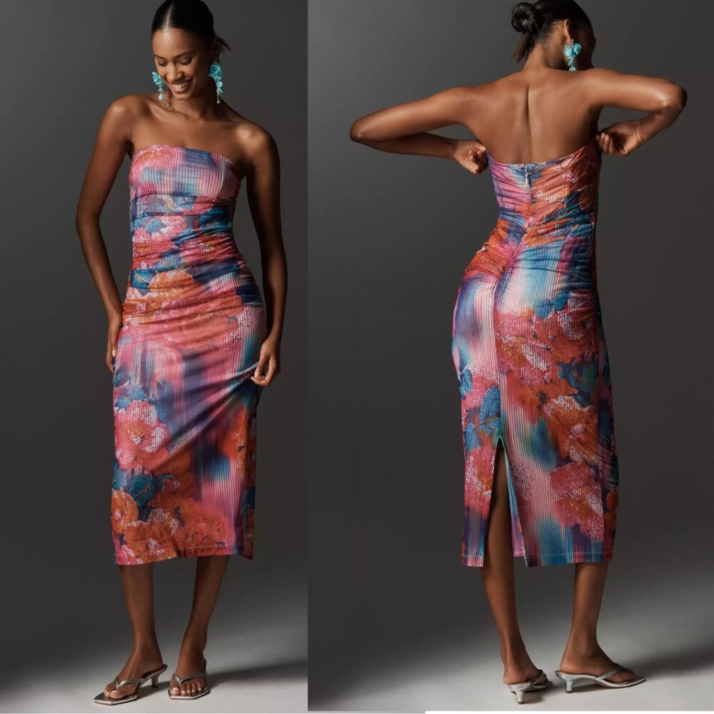 By Anthropologie The Soleil Slim Strapless Ruched Mesh Dress new with tag LP - Picture 2 of 5